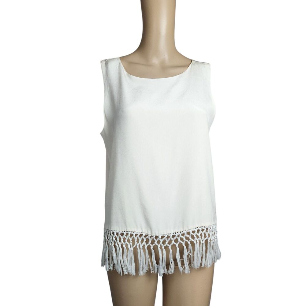 Amour Vert 100% Silk Macrame Fringe Tank Top Off White - Small NWT Made in USA